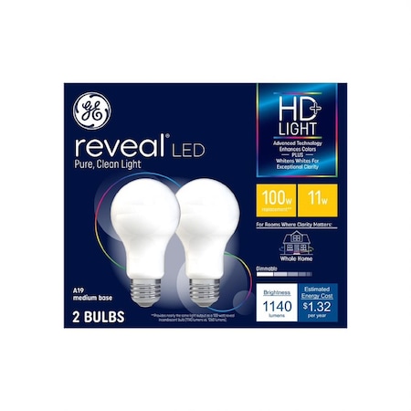 Current GE Reveal HD+ A19 E26 (Medium) LED Bulb Pure Clean Light 100 Watt Equivalence 2 pk 46657